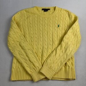 Ralph Lauren Womens XL Yellow Cable Knit Cotton Crewneck Sweater Pony Logo